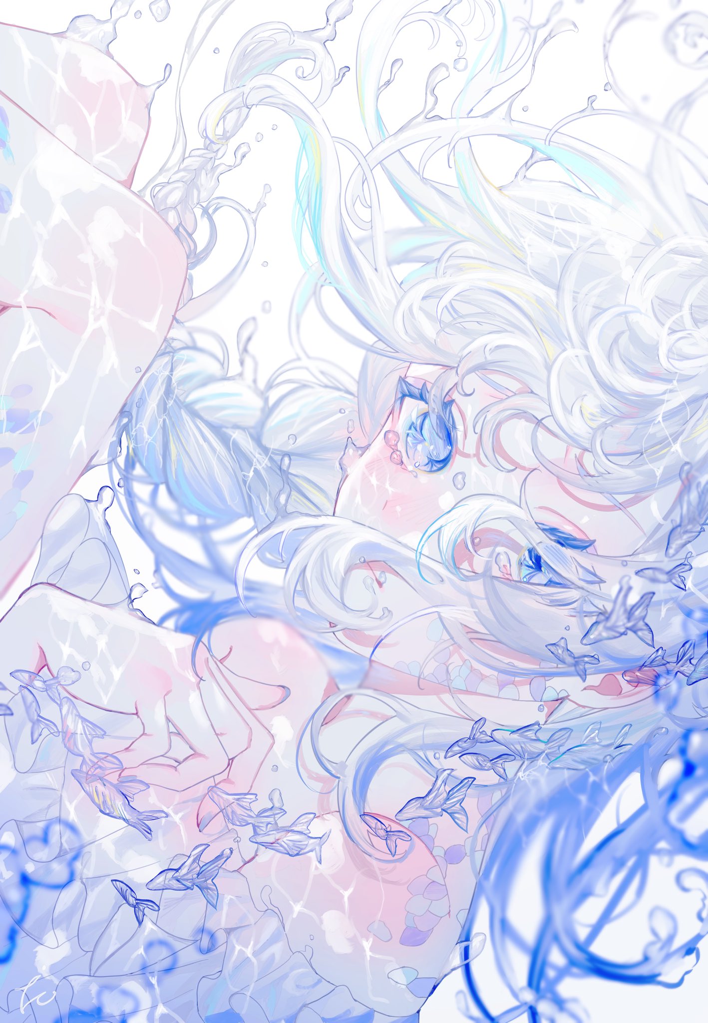 10_io, 1girl, air_bubble, aqua_hair, bare_shoulders, blue_eyes, blue_hair, bubble, dress, fish, frilled_dress, frills, gradient_hair, green_hair, highres, liquid_hair, looking_at_viewer, multicolored_hair, original, semi-transparent, solo, underwater, white_hair