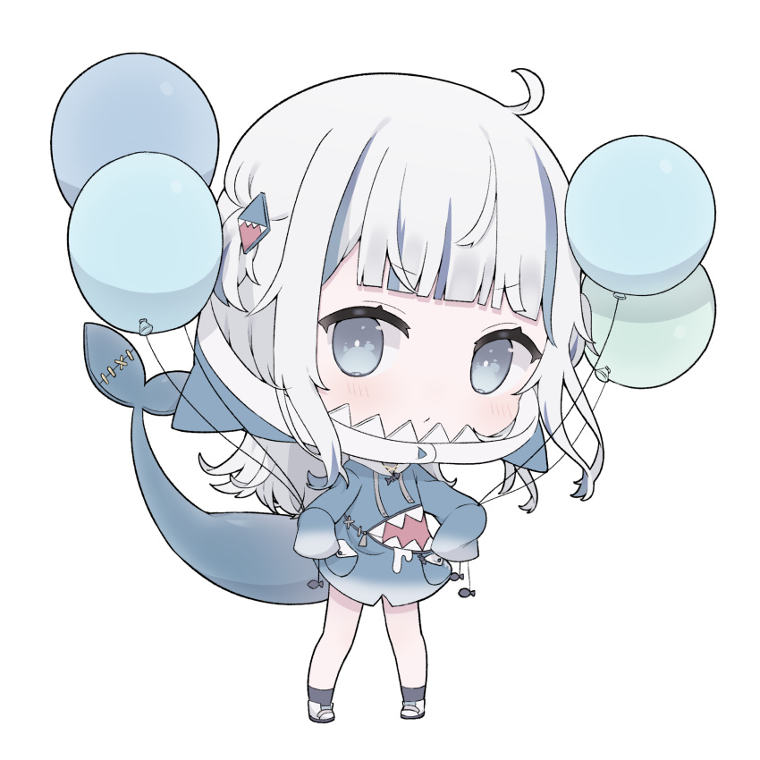 animal_hood, balloon, bangs, bare_legs, black_socks, blue_dress, blue_eyes, blue_hair, blunt_bangs, blush, chibi, closed_mouth, commentary, drawstring, dress, fish_tail, gawr_gura, highres, hocmiya, holding, holding_balloon, hololive, hololive_english, hood, hood_up, long_hair, looking_at_viewer, shark_girl, shark_hood, shark_tail, shoes, sleeves_past_fingers, sleeves_past_wrists, sneakers, socks, standing, symbol-only_commentary, tail, v-shaped_eyebrows, virtual_youtuber, white_background, white_footwear, white_hair