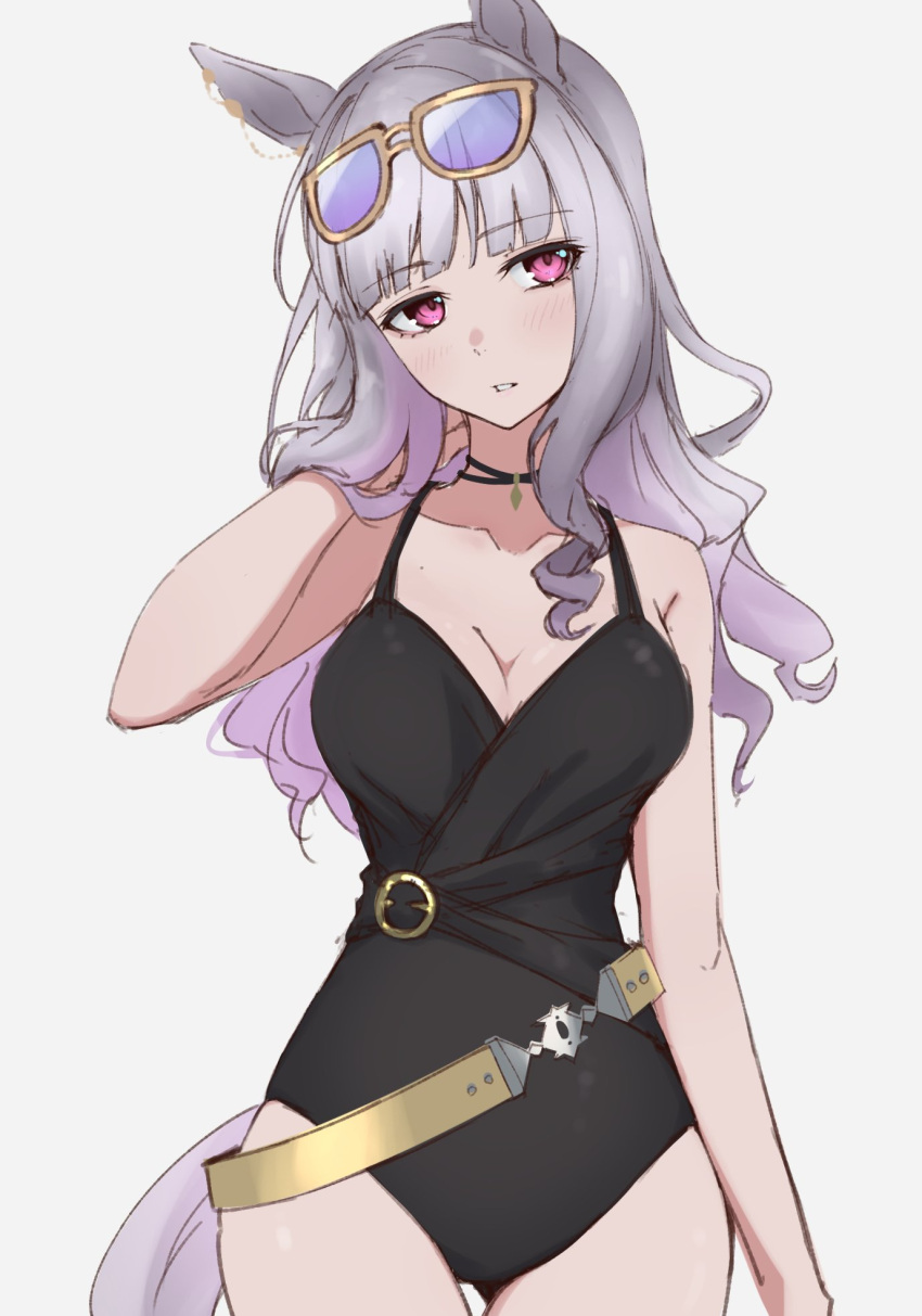 1girl, animal_ears, bangs, black_one-piece_swimsuit, commentary_request, cowboy_shot, danboru_(jdanboru1182), eyewear_on_head