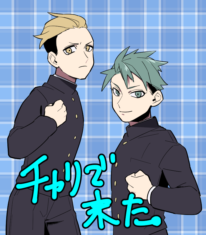 2boys, bangs, black_jacket, black_pants, blonde_hair, blue_background, closed_mouth, commentary_request