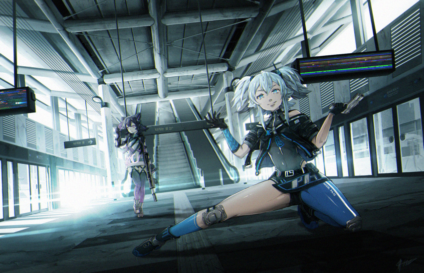 2girls, bangs, bare_shoulders, black_choker, black_gloves, choker, closed_mouth, covered_navel