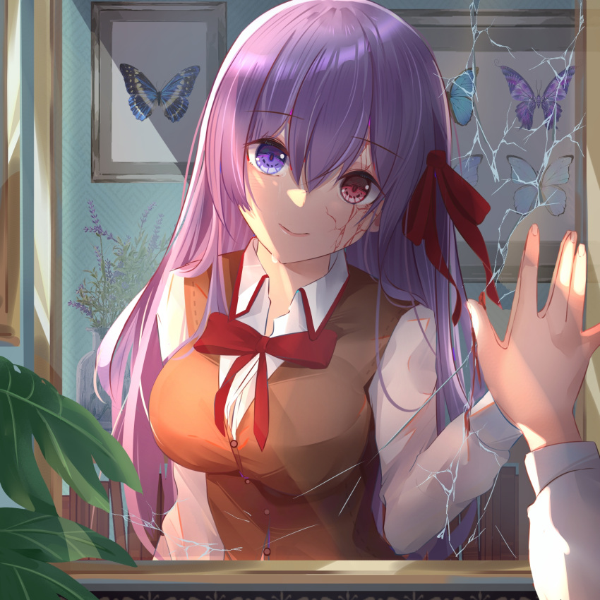 1girl, bangs, brown_vest, bug, butterfly, closed_mouth, collared_shirt, dark_sakura