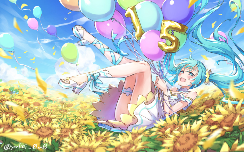 1girl, :d, balloon, bangs, birthday, blue_eyes, blue_hair, blue_ribbon