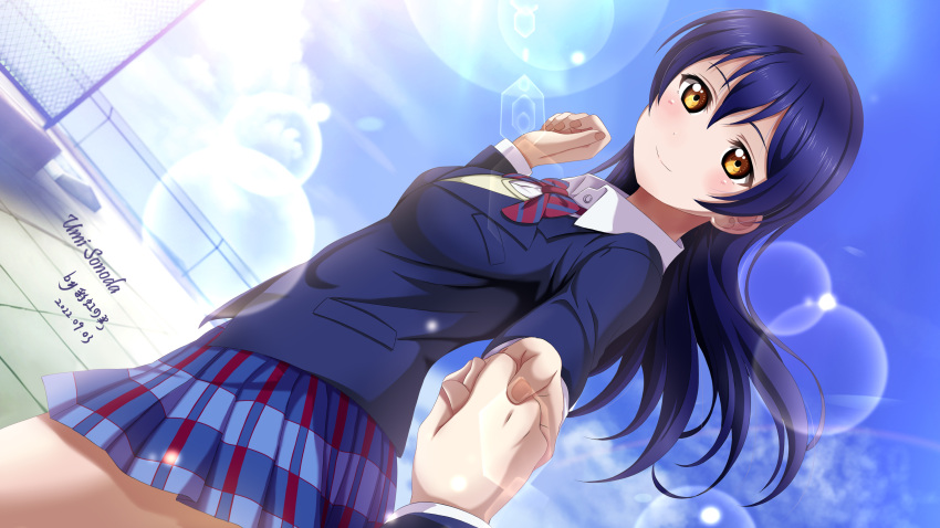 1girl, 2022, absurdres, bangs, blue_hair, blue_jacket, blue_skirt, blue_sky