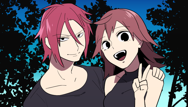 1boy, 1girl, :d, akamatsu_(etra-chan_wa_mita!), akane_(etra-chan_wa_mita!), bangs, black_eyes, black_shirt