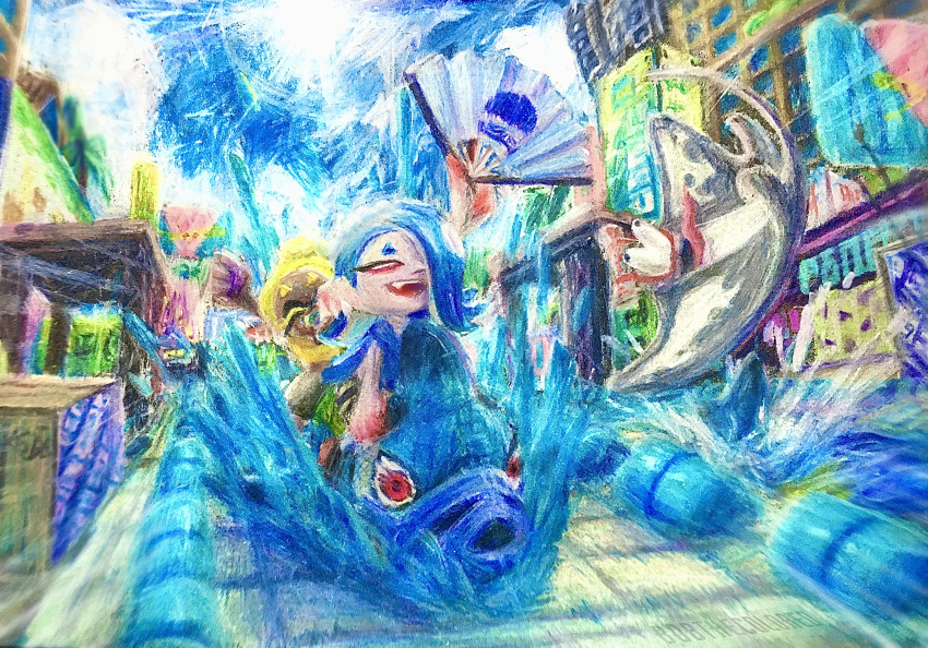 1boy, 2girls, :d, ^_^, absurdres, arm_up, big_man_(splatoon), blonde_hair, blue_hair, blue_sky, bobthecolored, bulging_eyes, closed_eyes, colored_eyelashes, colored_pencil_(medium), colored_skin, dark-skinned_female, dark_skin, day, earrings, eyeliner, fang, folding_fan, frye_(splatoon), hachimaki, hair_over_one_eye, hand_fan, headband, highres, hokkamuri, holding, holding_fan, inflatable_shark, inflatable_toy, jewelry, makeup, manta_ray, multicolored_skin, multiple_earrings, multiple_girls, nejiri_hachimaki, octarian, open_mouth, outdoors, pointy_ears, poncho, purple_skin, red_eyeliner, red_skin, reefslider_(splatoon), riding, shiver_(splatoon), sky, slipping, smile, splatoon_(series), splatoon_3, suction_cups, sun, teeth, tentacle_hair, tongue, tongue_out, traditional_media