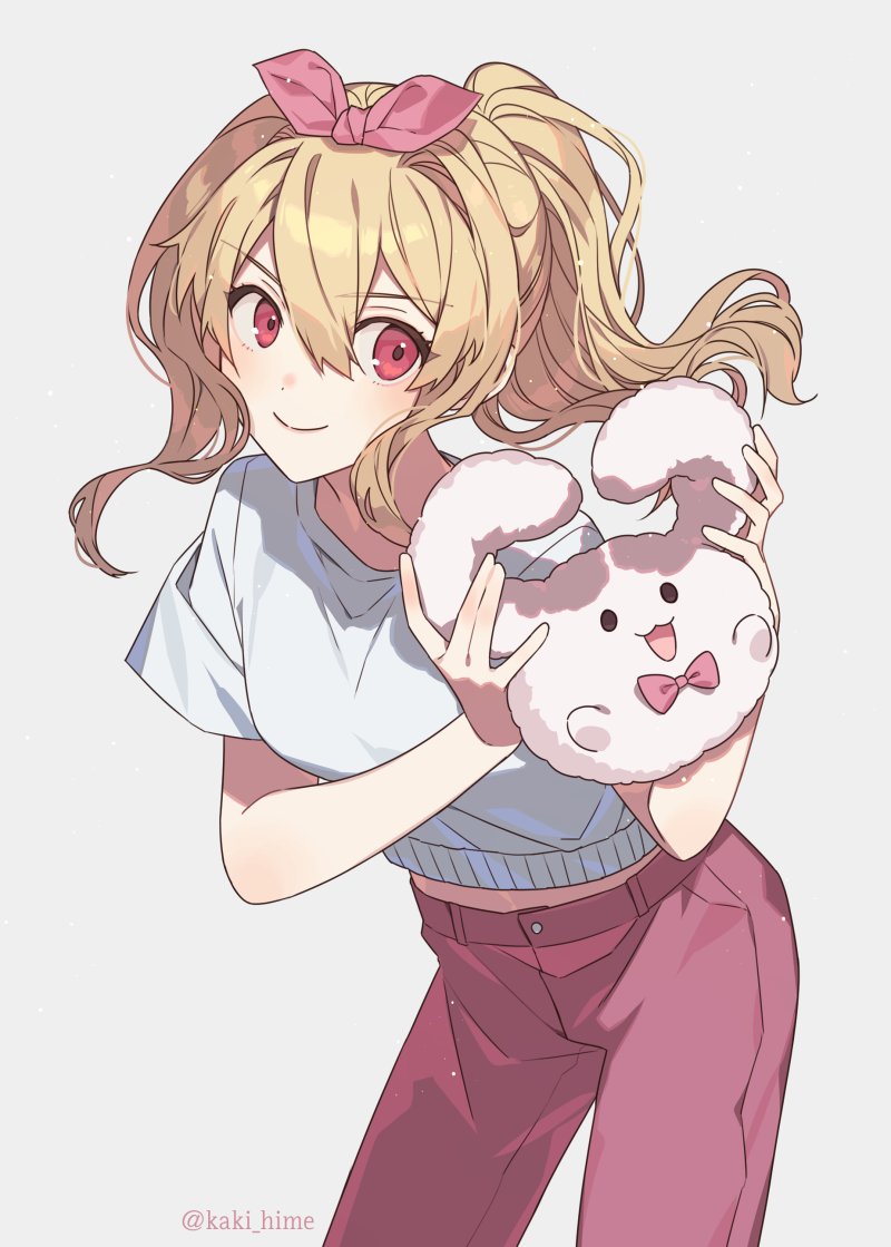 1girl, blonde_hair, bow, idolish_7, kaki_hime, leaning_forward, pink_bow, red_eyes