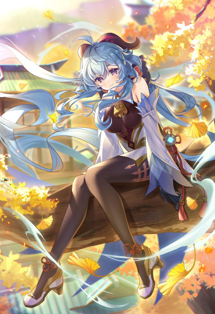 1girl, absurdres, ahoge, architecture, bangs, bare_shoulders, bell, black_gloves