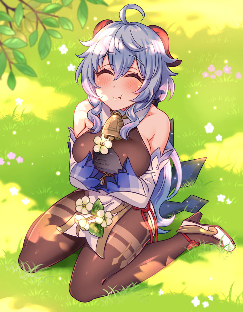 1girl, ahoge, bangs, bare_shoulders, bell, black_gloves, blue_hair, breasts