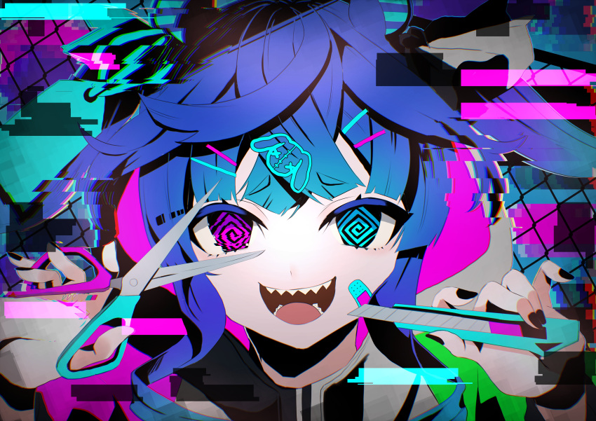 1girl, @_@, absurdres, animal_ears, bangs, black_nails, blue_eyes, blue_hair, boxcutter, bug_(vocaloid), chain-link_fence, crossed_bangs, fence, glitch, hair_ornament, hairclip, hands_up, heterochromia, highres, holding, holding_scissors, hood, hoodie, horse_ears, horse_girl, long_hair, looking_at_viewer, open_mouth, scissors, sharp_teeth, smile, solo, teeth, toa510, twin_turbo_(umamusume), twintails, umamusume, violet_eyes