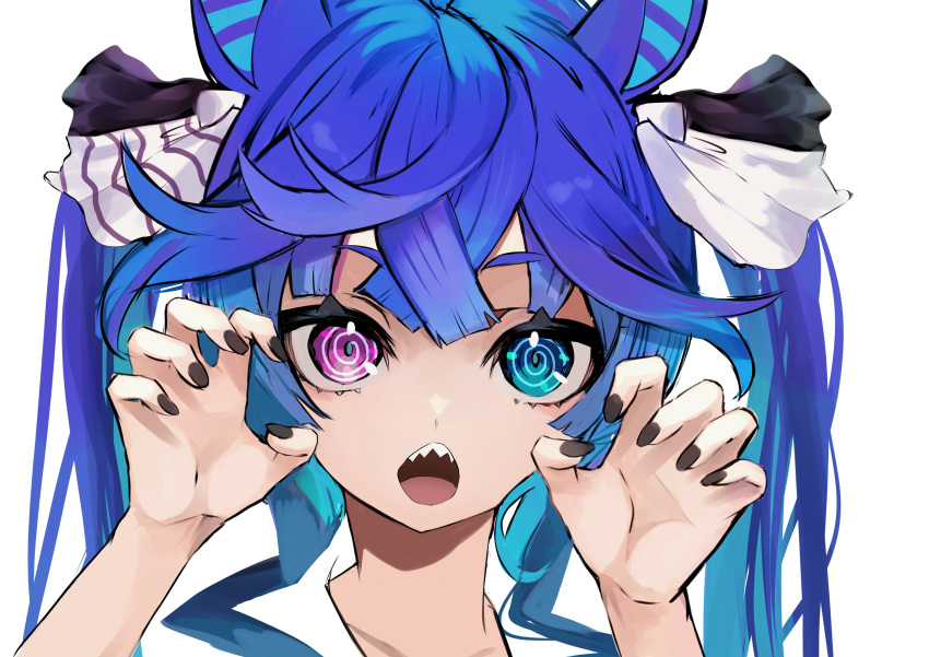 1girl, @_@, absurdres, animal_ears, black_nails, blue_eyes, blue_hair, bow