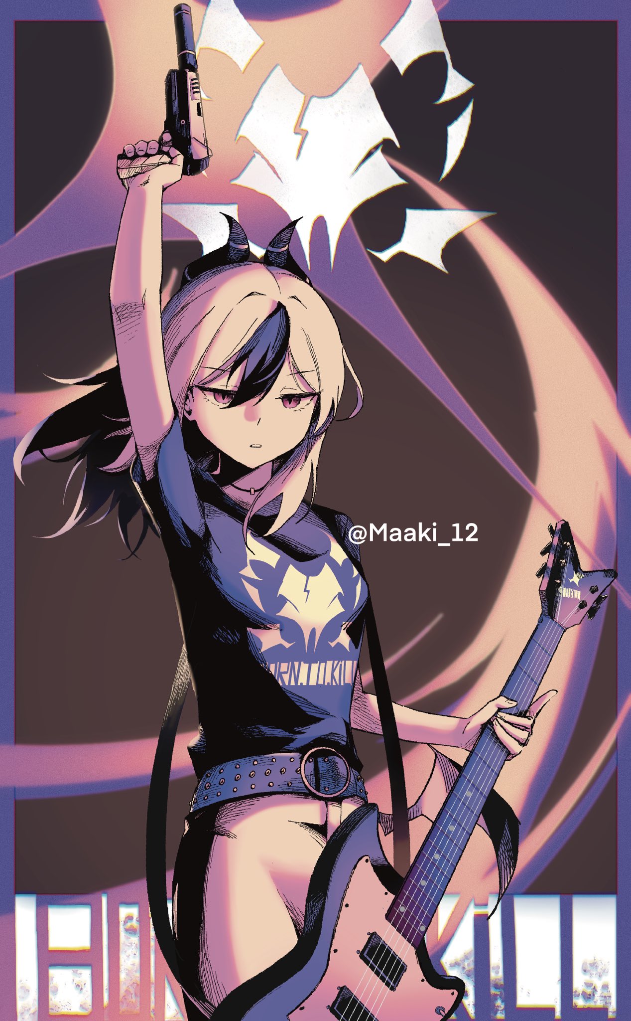1girl, alternate_costume, belt, black_belt, black_hair, black_shirt, blue_archive, choker, cowboy_shot, demon_horns, demon_wings, expressionless, guitar, gun, h&amp;k_hk45, hair_between_eyes, highres, holding, holding_gun, holding_instrument, holding_weapon, horns, instrument, kayoko_(blue_archive), maaki12, medium_hair, multicolored_hair, pants, red_eyes, shirt, short_sleeves, single_wing, solo, suppressor, twitter_username, two-tone_hair, weapon, white_hair, white_pants, wings