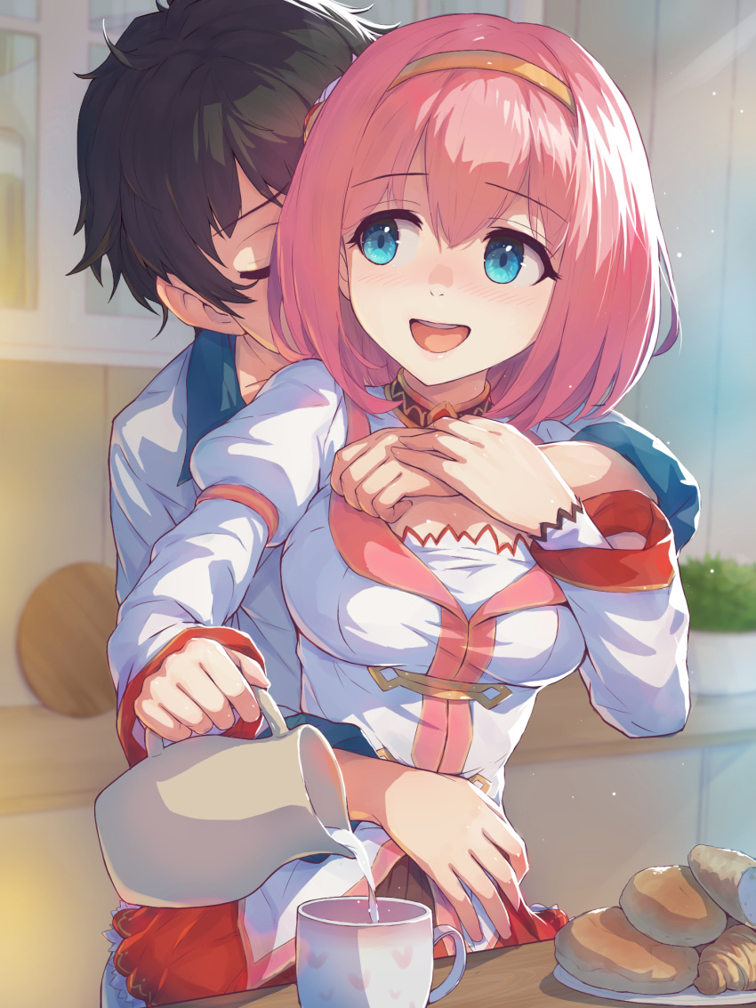 1boy, 1girl, bangs, black_hair, blue_eyes, breasts, closed_eyes, food