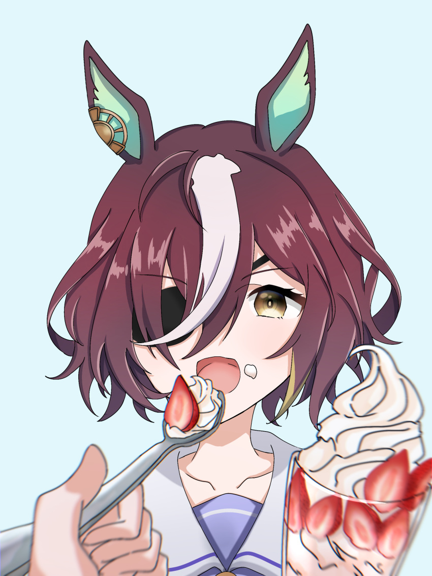 1girl, 1other, absurdres, animal_ears, brown_hair, cream, cream_on_face, eyepatch, feeding, food, food_on_face, hair_between_eyes, hair_over_one_eye, highres, holding, holding_spoon, horse_ears, horse_girl, incoming_food, looking_at_viewer, multicolored_hair, open_mouth, parfait, pitsugi, purple_serafuku, school_uniform, serafuku, short_hair, simple_background, solo_focus, spoon, streaked_hair, tanino_gimlet_(umamusume), tracen_school_uniform, umamusume, upper_body, white_background