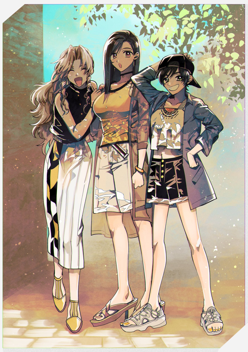 3girls, aerith_gainsborough, alternate_costume, alternate_hairstyle, backwards_hat, bangs, bare_arms, baseball_cap