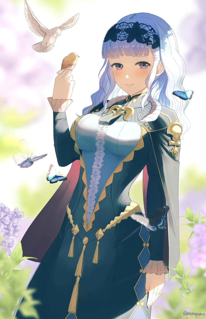 1girl, absurdres, bags_under_eyes, bird, blue_butterfly, blue_hair, blush, braid