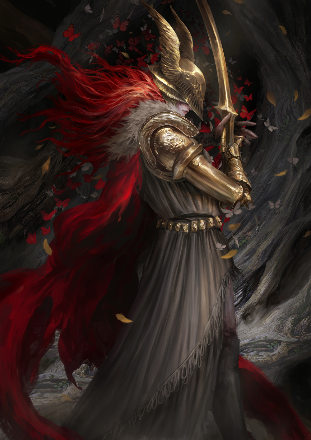 1girl, bug, butterfly, cape, closed_mouth, commentary, covered_eyes, dress, elden_ring, english_commentary, floating_hair, fur-trimmed_cape, fur_trim, grey_dress, helmet, highres, holding, holding_sword, holding_weapon, leaf, lips, long_hair, malenia_blade_of_miquella, mechanical_arms, pink_lips, prosthesis, prosthetic_arm, red_butterfly, red_cape, redhead, scar, single_mechanical_arm, solo, sword, thedurianart, weapon, winged_helmet