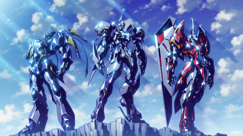 babamba, clouds, gaidon, green_eyes, highres, korean_commentary, luta_(lazenca), mecha, mechanical_wings, mirushin, no_humans, open_hands, robot, science_fiction, sky, standing, wings, yellow_eyes, yeonghongibyeong_lazenca