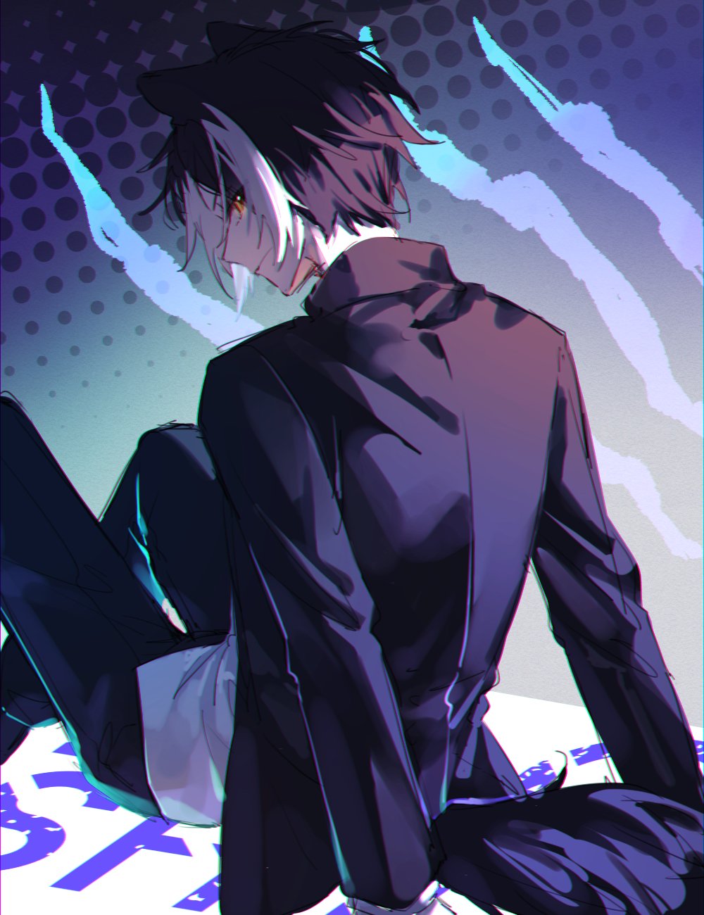 1boy, animal_ears, black_hair, black_jacket, black_pants, blue_background, closed_mouth, highres