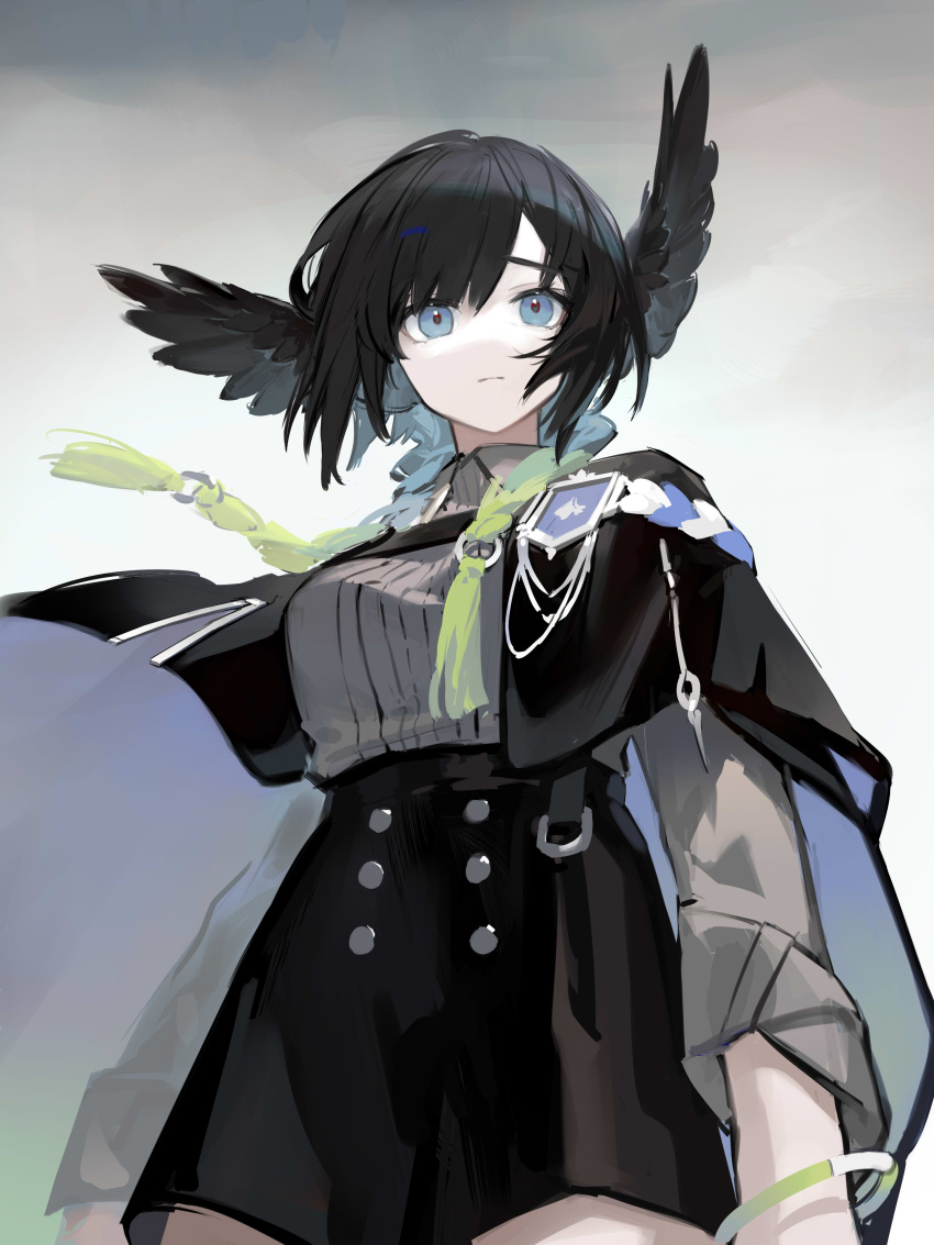 1girl, absurdres, aiguillette, arknights, bangs, bird_girl, black_hair, black_skirt, blue_eyes, capelet, commentary, epaulettes, head_wings, highres, iris_yi, looking_at_viewer, medium_hair, military, military_uniform, patia_(arknights), skirt, solo, symbol-only_commentary, uniform, wristband