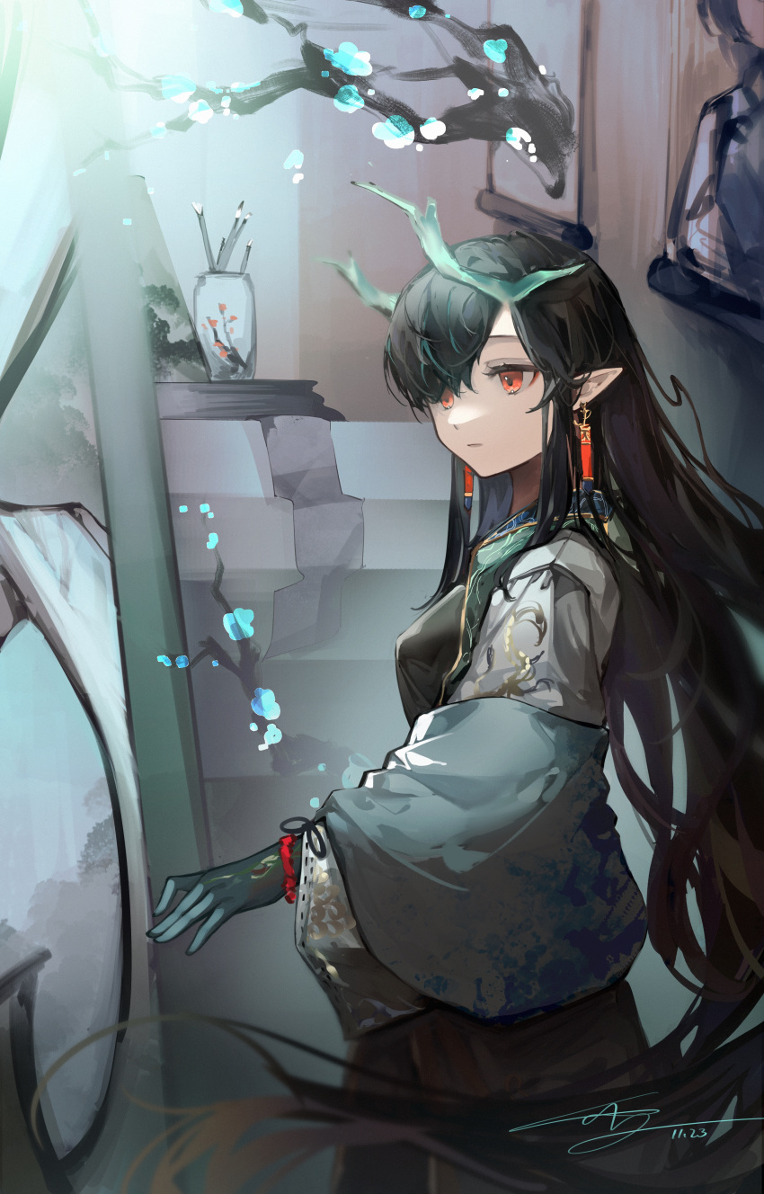 1girl, absurdres, arknights, bangs, black_hair, branch, breasts, closed_mouth