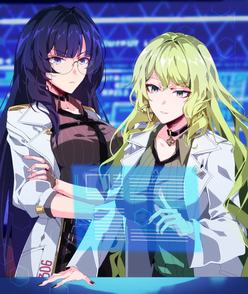 2girls, aer007580, blue_eyes, blue_hair, breasts, brown_eyes, choker, fingerless_gloves