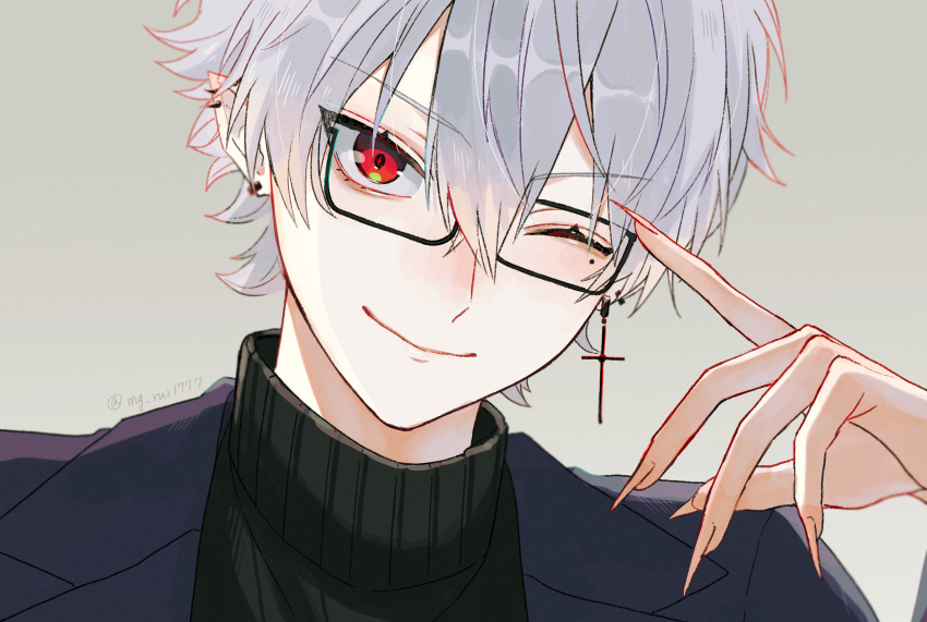 1boy, ;), absurdres, artist_name, bangs, black-framed_eyewear, black_jacket, black_sweater
