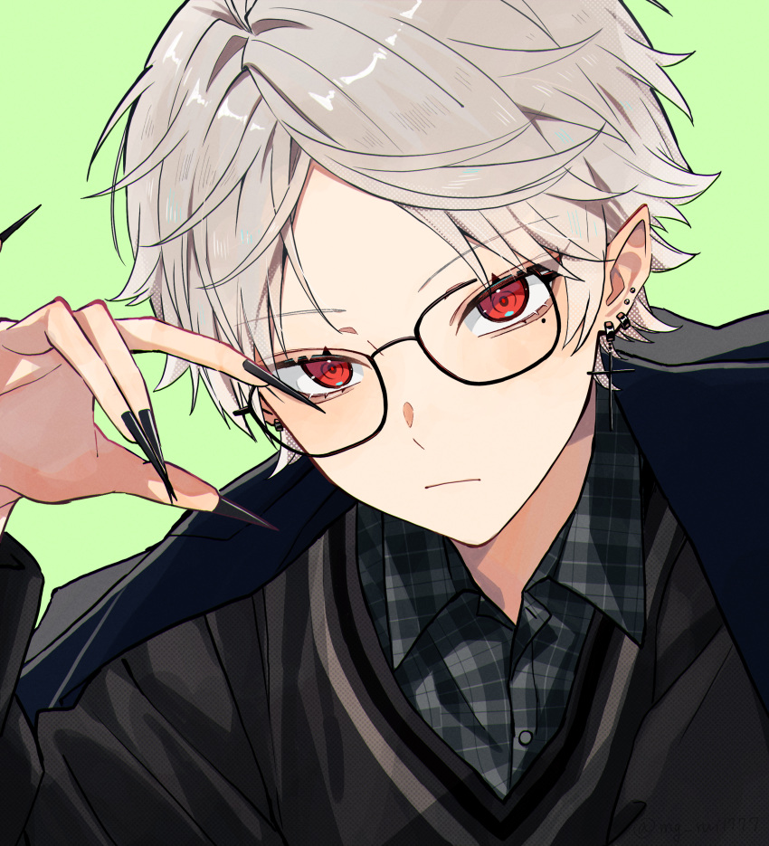 1boy, absurdres, bangs, black-framed_eyewear, black_jacket, black_nails, blush, buttons