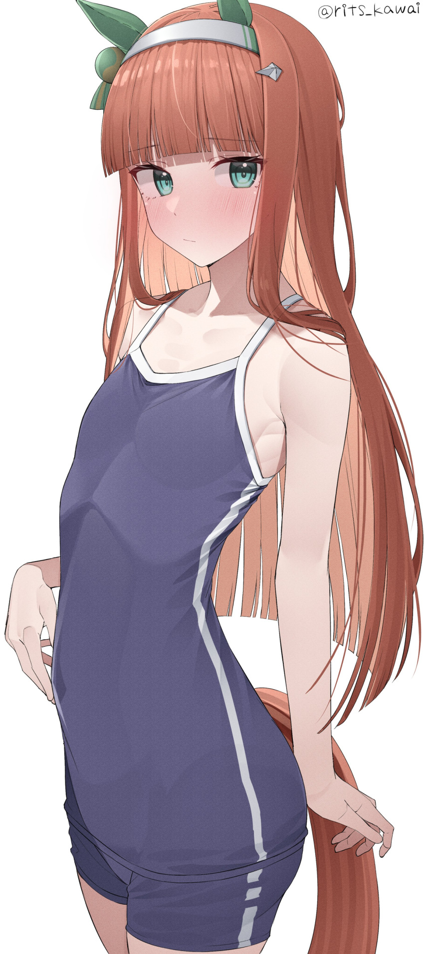 absurdres, animal_ears, bangs, bare_shoulders, blue_eyes, blue_one-piece_swimsuit, blush, commentary_request, competition_swimsuit, cowboy_shot, ear_covers, hairband, highres, horse_ears, horse_girl, horse_tail, kawai_ritsu_(rits_meg), long_hair, one-piece_swimsuit, orange_hair, school_swimsuit, silence_suzuka_(umamusume), spaghetti_strap, swimsuit, tail, tracen_swimsuit, umamusume