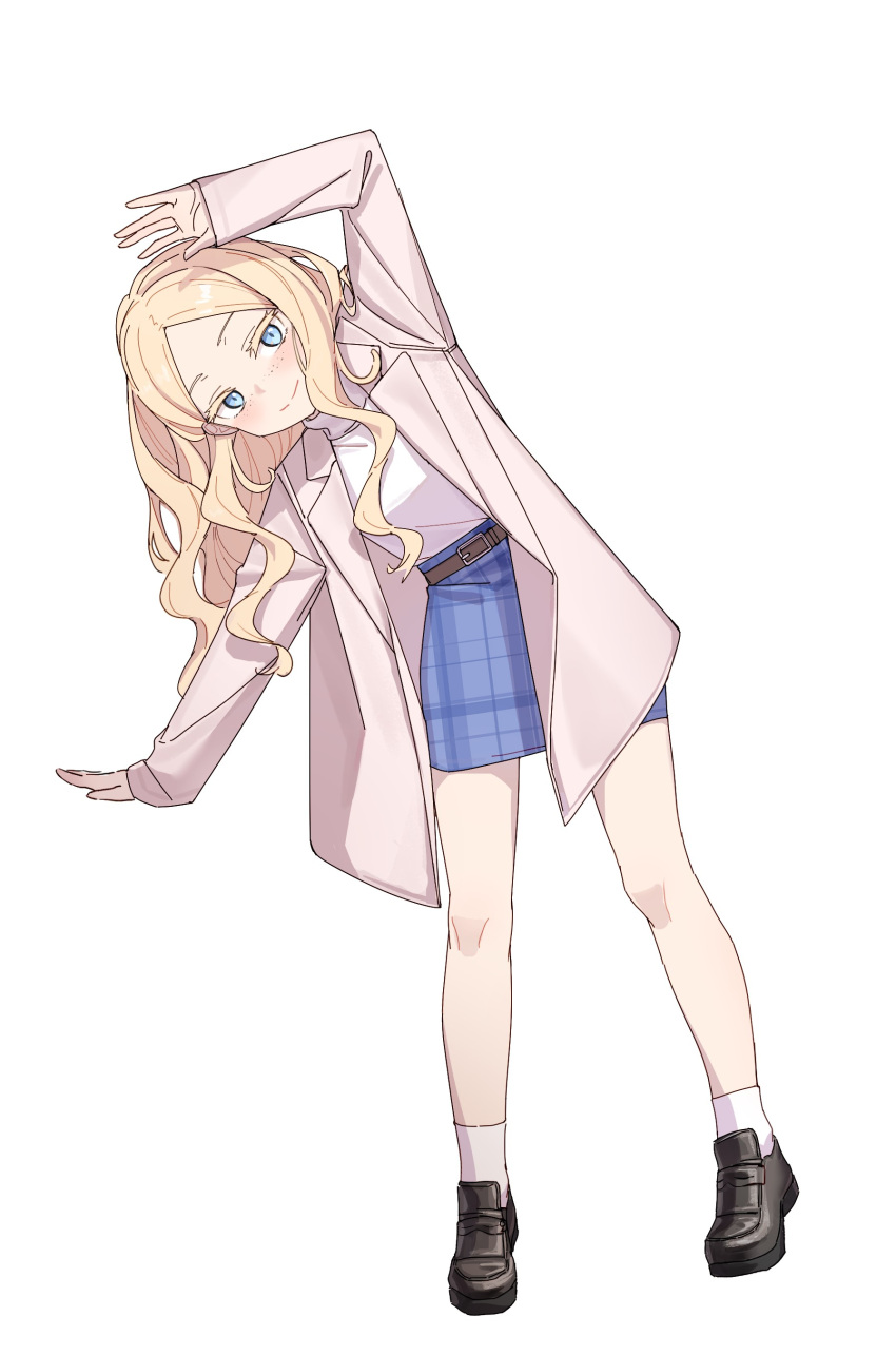 1girl, absurdres, belt, bending, black_footwear, blonde_hair, blue_eyes, blue_skirt