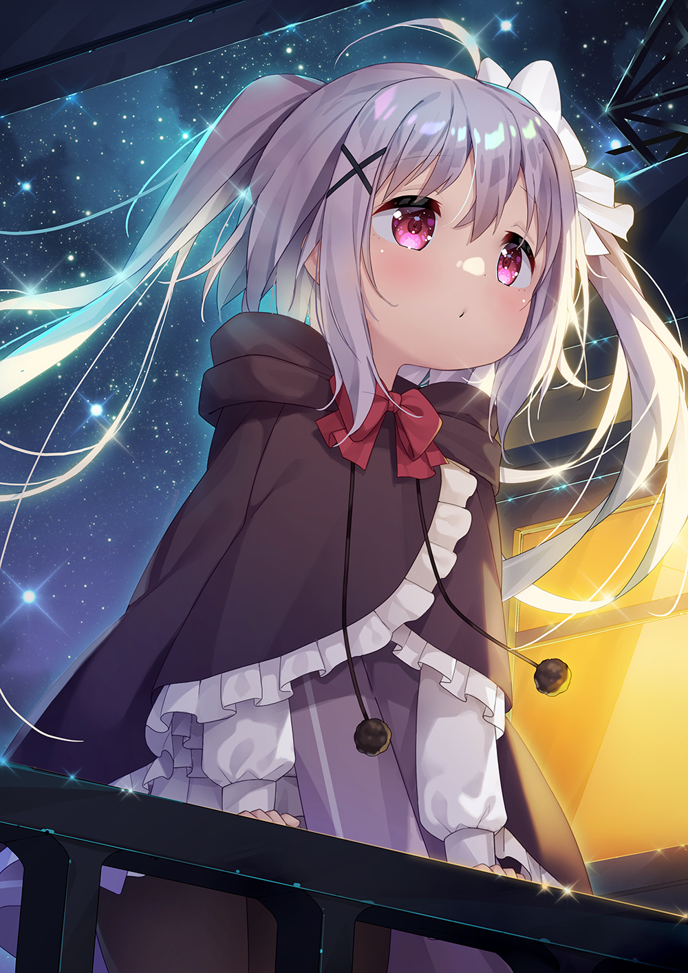1girl, bangs, black_cloak, blush, bow, cloak, closed_mouth, commentary_request