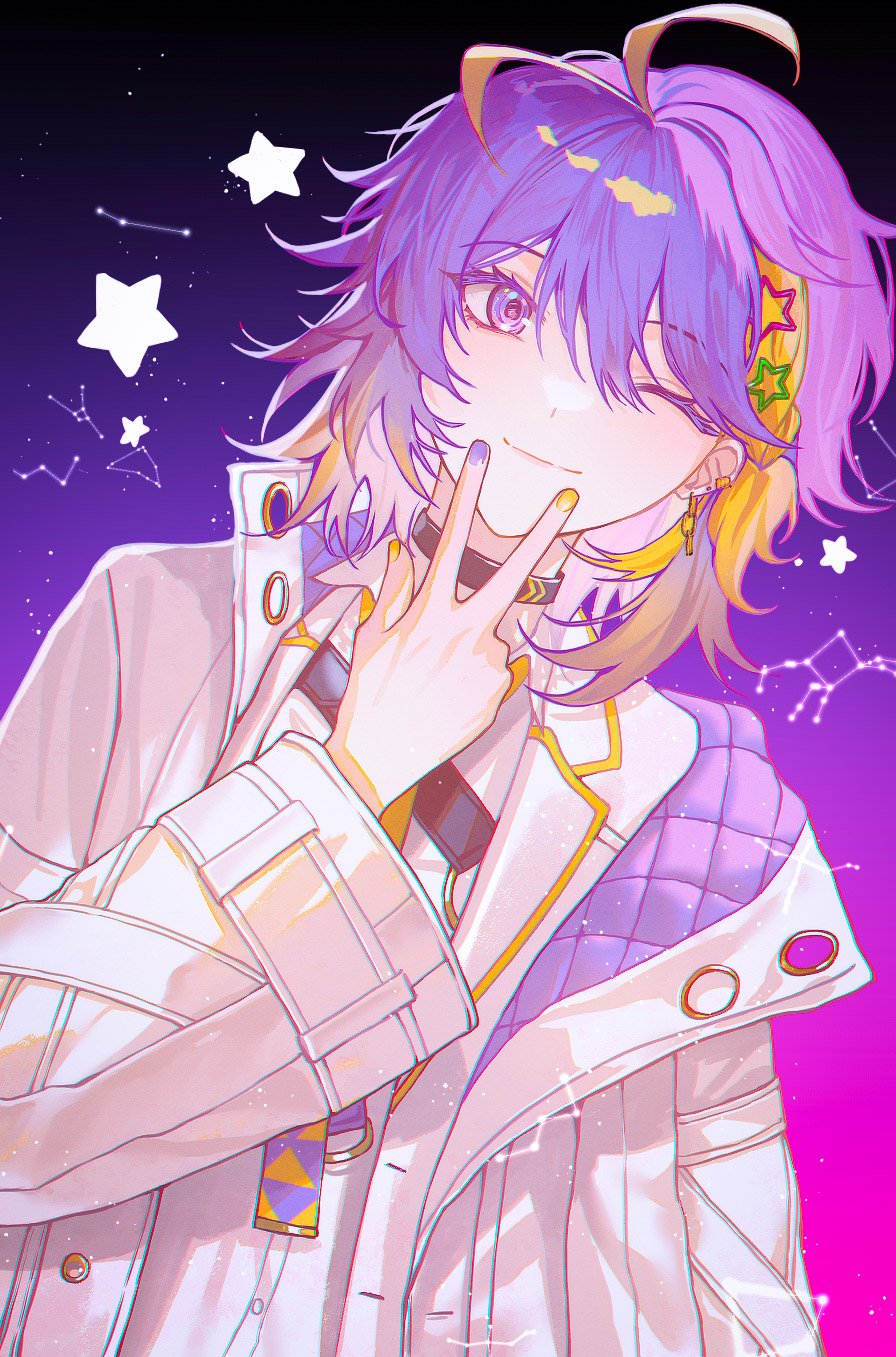 1boy, ;), antenna_hair, aster_arcadia, bangs, black_choker, blonde_hair, blush