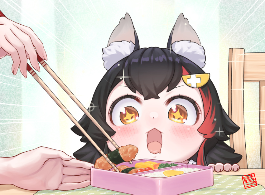 +_+, 1girl, 1other, animal_ear_fluff, animal_ears, bangs, bento, black_hair
