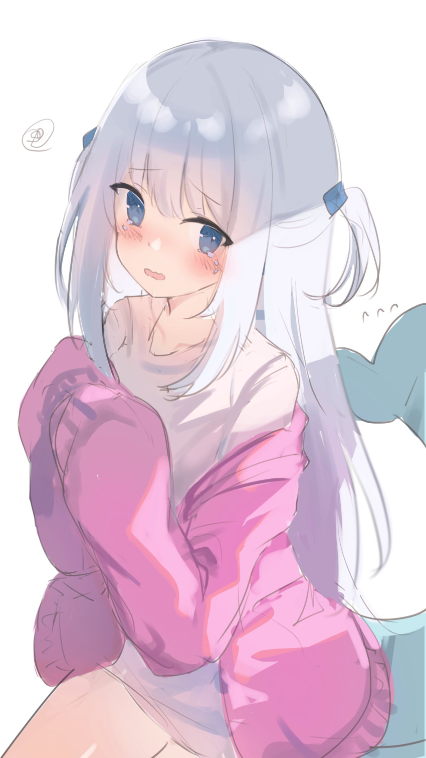 1girl, absurdres, blue_eyes, blue_hair, breasts, commentary, english_commentary, fish_tail