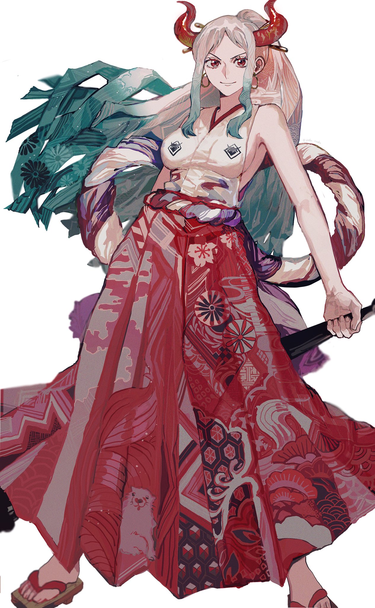 1girl, club_(weapon), earrings, green_hair, hakama, highres, holding, holding_weapon, horns, japanese_clothes, jewelry, kanabou, long_hair, multicolored_hair, one_piece, oni_horns, patterned, patterned_clothing, patterned_hair, ponytail, red_eyes, red_hakama, sandals, simple_background, sleeveless, smile, solo, standing, weapon, white_background, white_hair, yadu_nadu, yamato_(one_piece)
