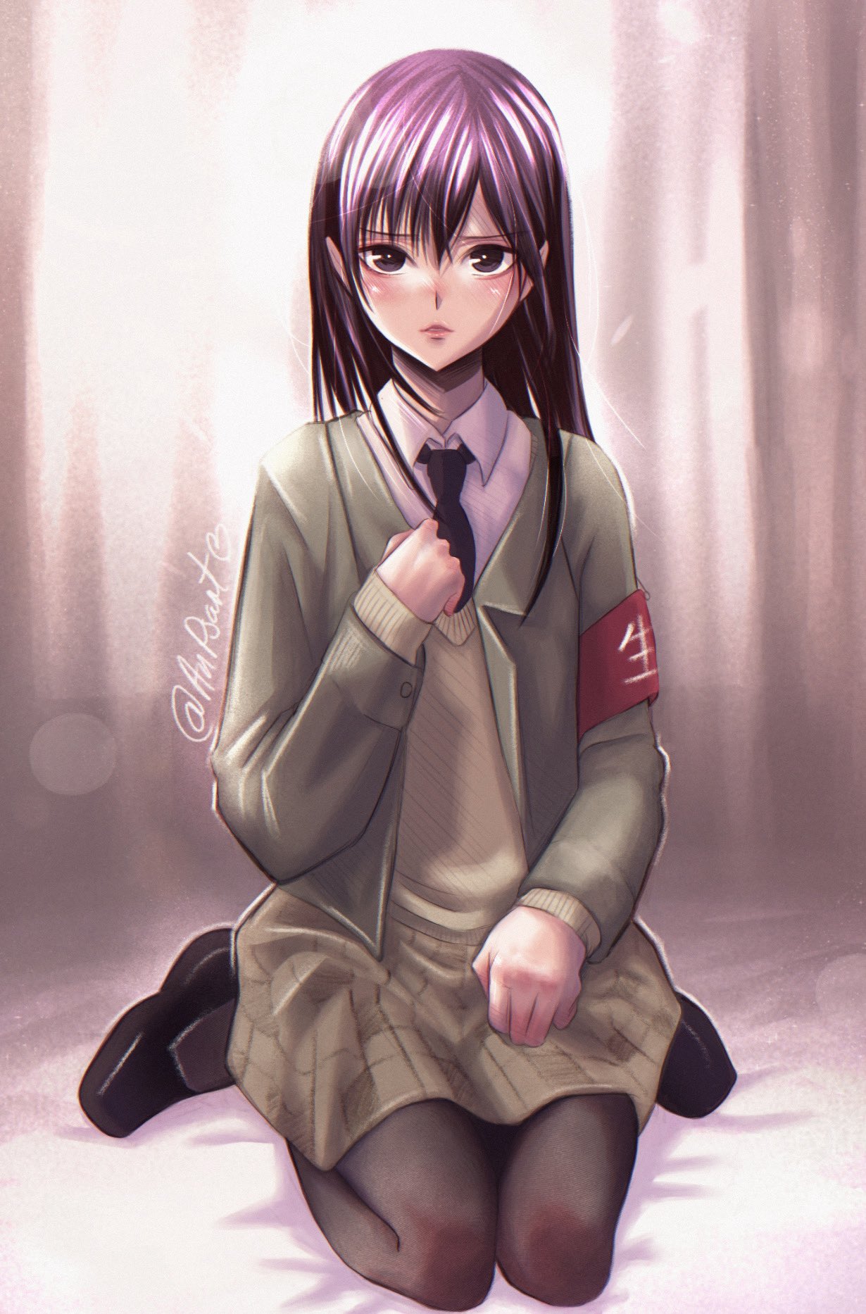 1girl, aihara_academy_school_uniform, aihara_mei, anpsart, armband, artist_name, bed, black_eyes