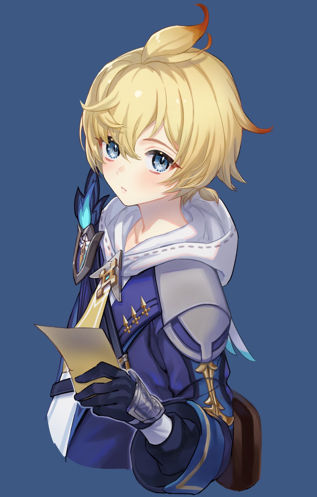 1boy, bangs, black_gloves, blonde_hair, blue_background, blue_eyes, blush, cropped_torso