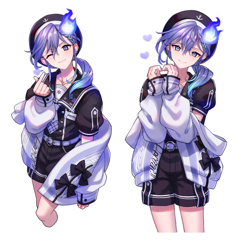 1boy, anchor_symbol, aqua_hair, bangs, black_headwear, black_sailor_collar, black_shorts, cat_ear_panties