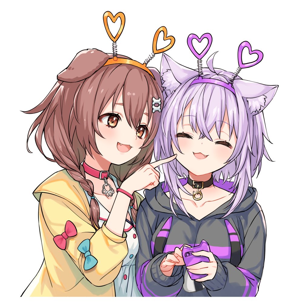 2girls, :3, ahoge, animal_collar, animal_ear_fluff, animal_ears, bangs, black_collar, blush, bone_hair_ornament, braid, breasts, brown_eyes, brown_hair, cat_ears, cat_girl, cellphone, cheek_poking, closed_eyes, collar, dog_ears, dog_girl, fang, fangs, hair_between_eyes, hair_ornament, heart, holding, holding_phone, hololive, hood, hood_down, hoodie, inugami_korone, multiple_girls, nekomata_okayu, open_mouth, phone, pink_collar, poking, purple_hair, ria_(lya_s2), simple_background, smartphone, twin_braids, upper_body, virtual_youtuber, white_background