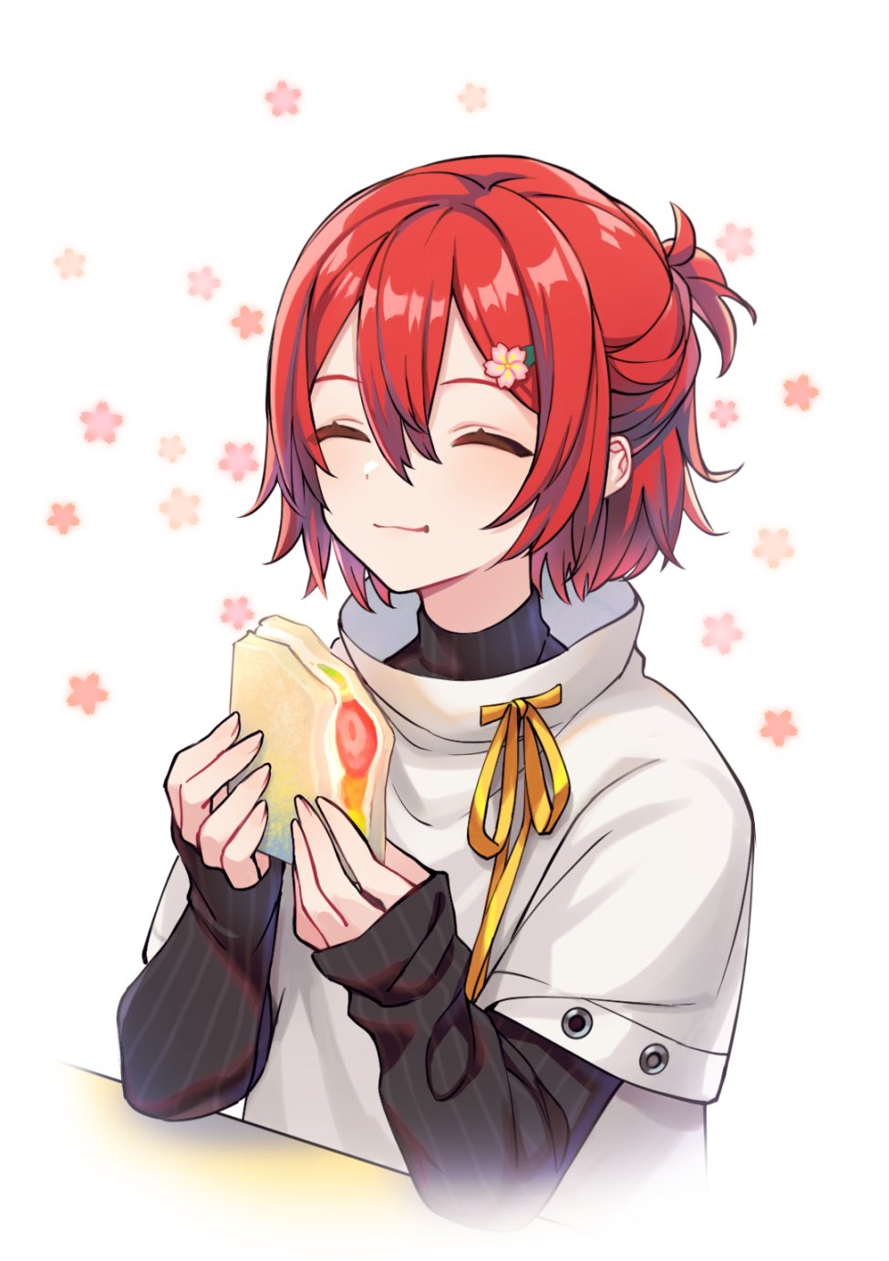 1boy, ^_^, bangs, blush, closed_eyes, closed_mouth, eating, food