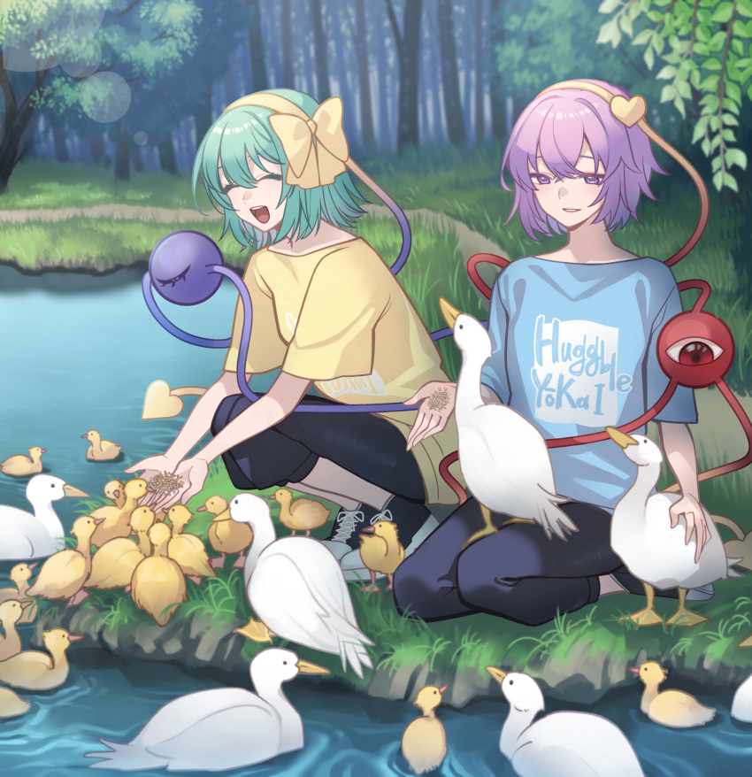 2girls, :d, alternate_costume, bird, black_footwear, black_shorts, blue_shirt, bow