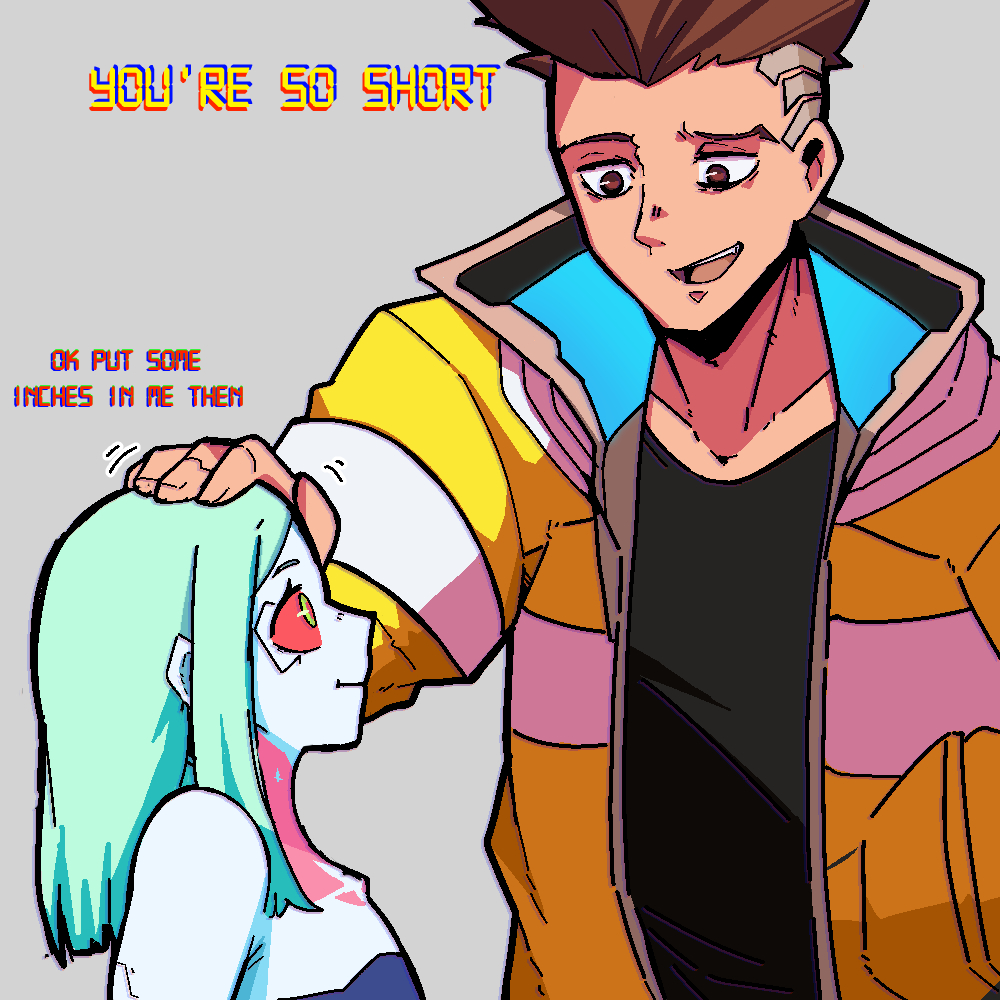 black_shirt, coat, colored_sclera, cyberpunk_(series), cyberpunk_edgerunners, david_martinez, headpat, jacket
