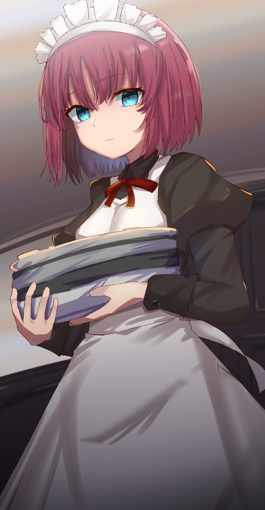 1girl, absurdres, apron, bangs, black_dress, blue_eyes, closed_mouth, commentary_request, dress, expressionless, highres, hisui_(tsukihime), holding, indoors, juliet_sleeves, long_sleeves, looking_at_viewer, maid, maid_apron, maid_headdress, musi_2nd, neck_ribbon, puffy_sleeves, red_ribbon, redhead, ribbon, short_hair, solo, tsukihime, white_apron