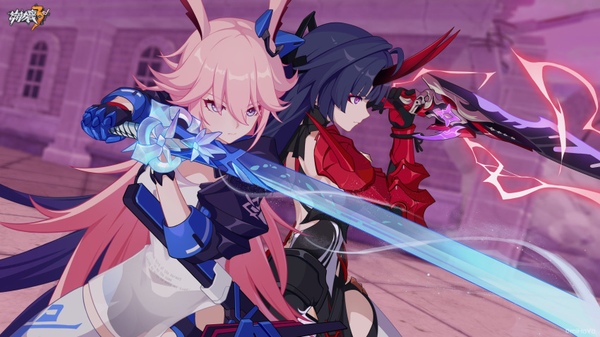 2girls, ahoge, animal_ears, armor, bangs, black_gloves, black_jacket, black_shorts