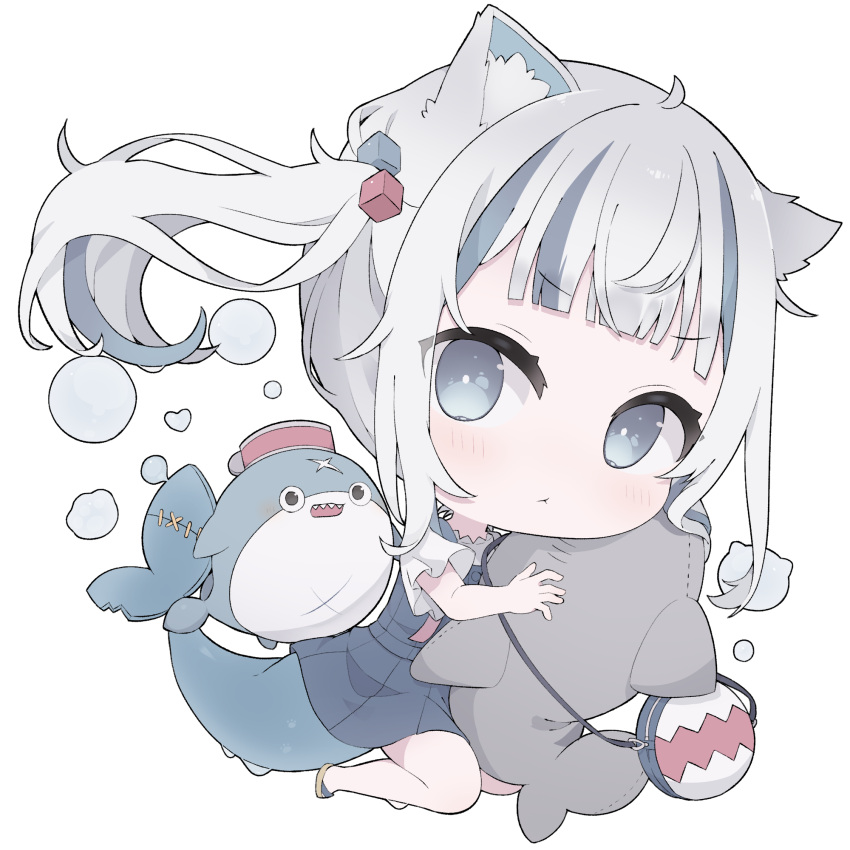 1girl, :t, animal_ears, bag, bare_legs, bloop_(gawr_gura), blue_dress, blue_eyes, blue_hair, blush, chibi, closed_mouth, dress, fish_tail, gawr_gura, hair_ornament, highres, hocmiya, hololive, hololive_english, looking_at_viewer, medium_hair, multicolored_hair, object_hug, pleated_dress, shark_girl, shark_hair_ornament, shark_tail, shirt, streaked_hair, tail, v-shaped_eyebrows, white_hair, white_shirt