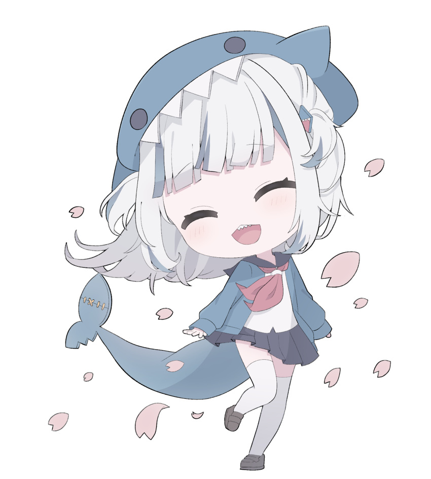 1girl, animal_hood, bangs, black_footwear, black_skirt, blue_hair, blue_jacket, cherry_blossoms