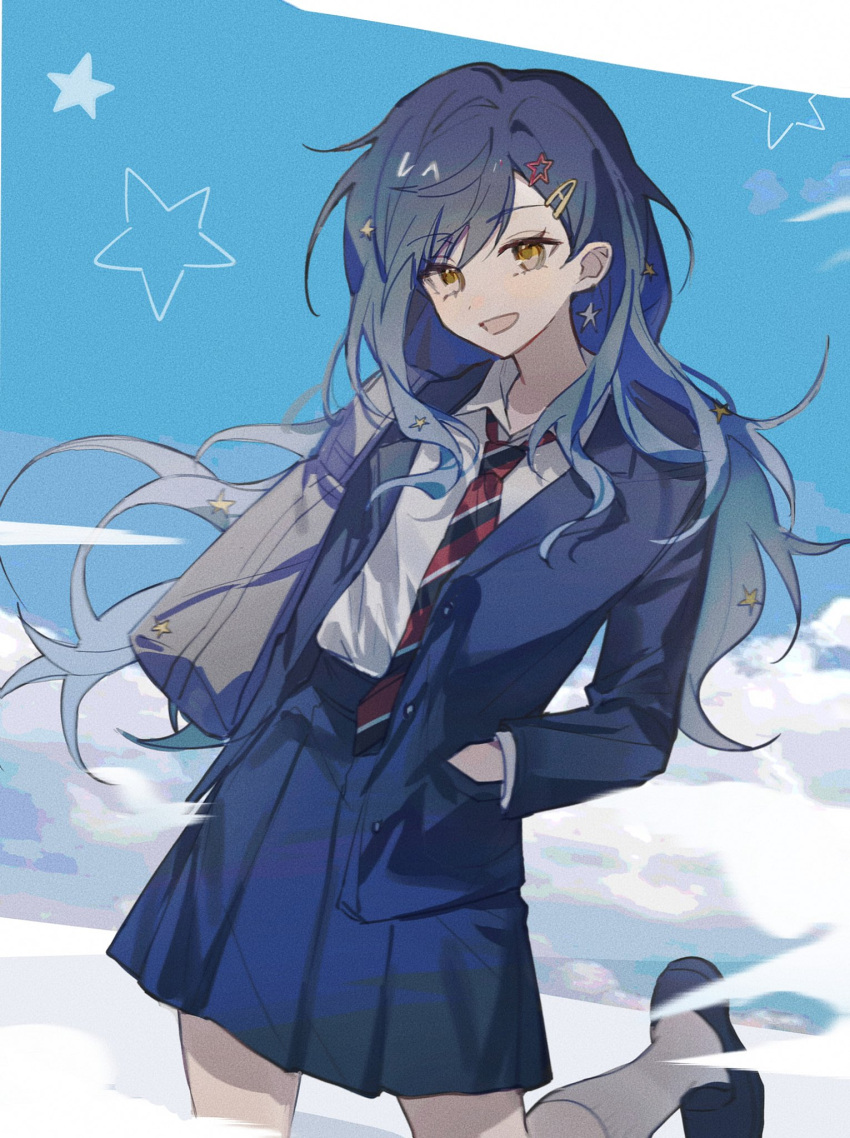 1girl, black_hair, blazer, blue_hair, blue_jacket, blue_skirt, brown_footwear, clouds, diagonal-striped_necktie, hair_ornament, hairclip, hands_in_pockets, highres, hisakawa_sora, jacket, kamiyama_high_school_uniform_(sekai), leg_up, loafers, long_sleeves, open_mouth, pleated_skirt, project_sekai, school_uniform, shiraishi_an, shirt, shoes, skirt, smile, socks, solo, star_(symbol), star_hair_ornament, white_shirt, white_socks, yellow_eyes