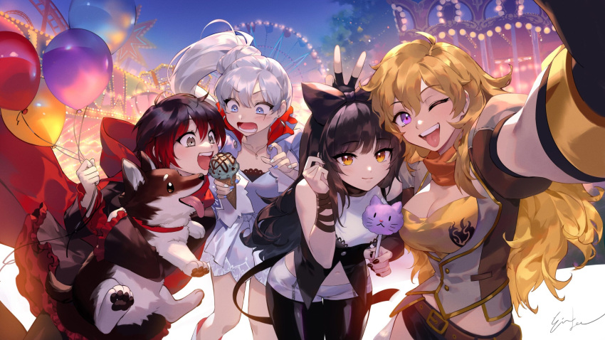 4girls, ;d, amusement_park, animal, balloon, black_hair, blake_belladonna, blonde_hair
