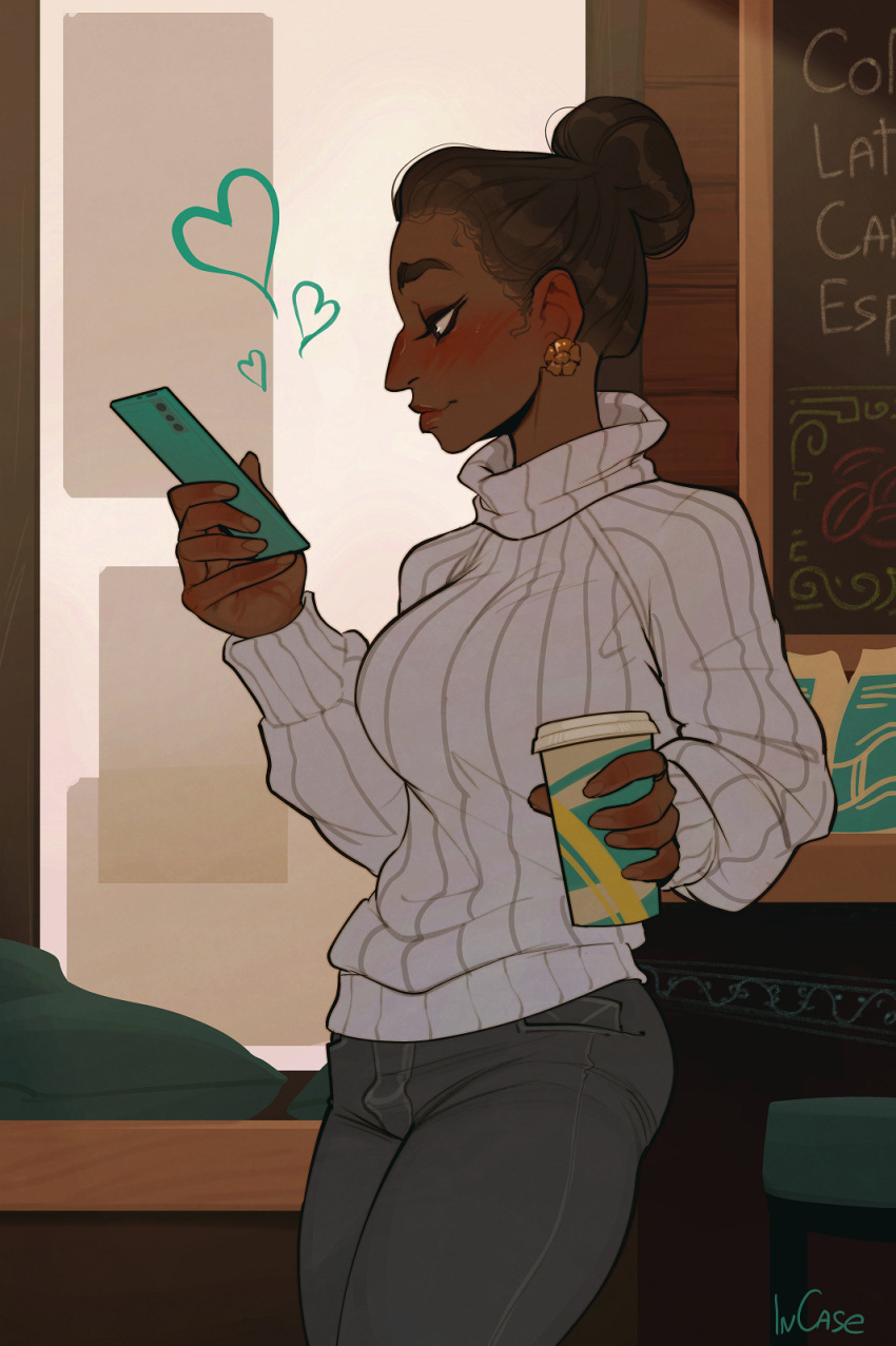 1girl, big_nose, blush, breasts, cafe, cellphone, chalkboard, coffee_cup