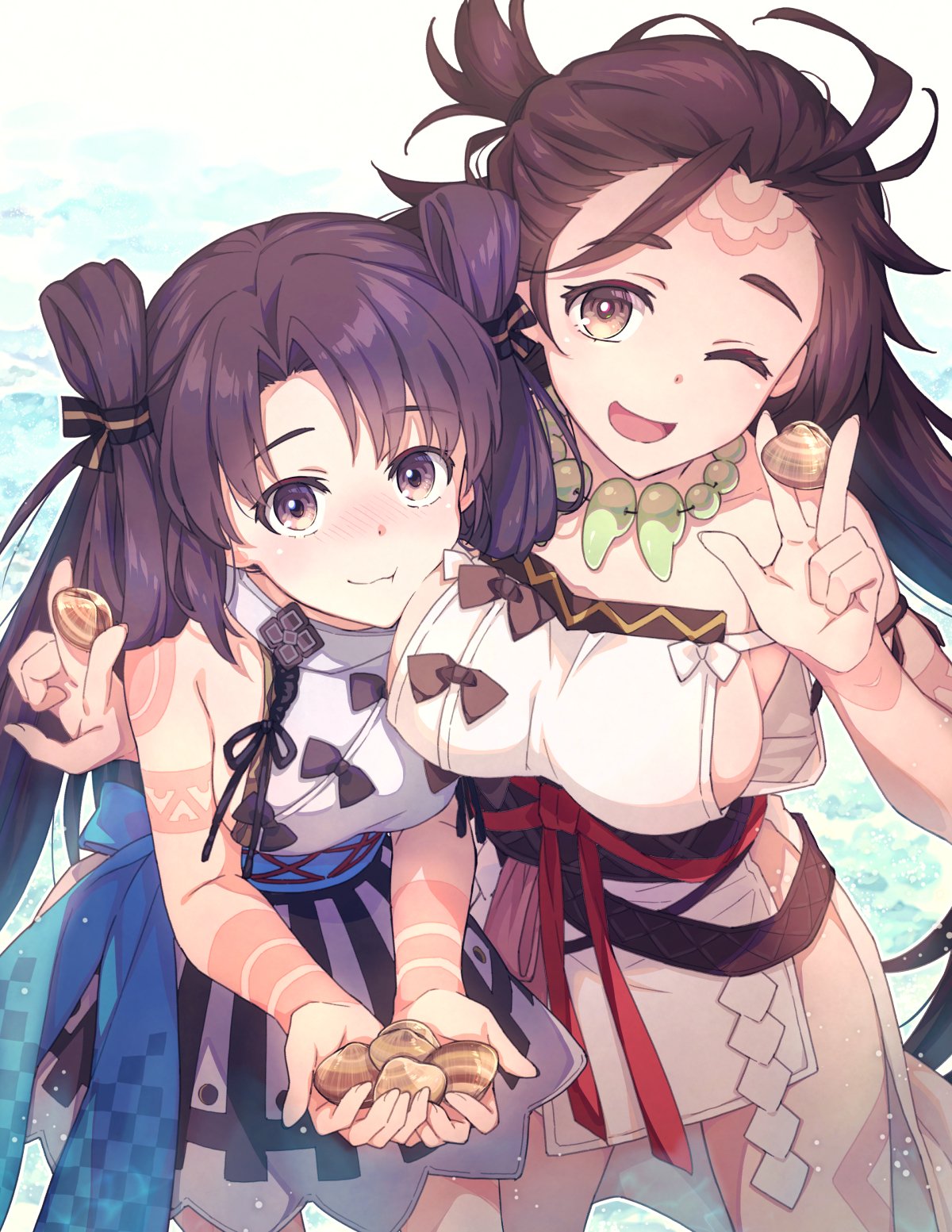 2girls, ahoge, between_fingers, body_markings, breasts, brown_eyes, brown_hair, clam